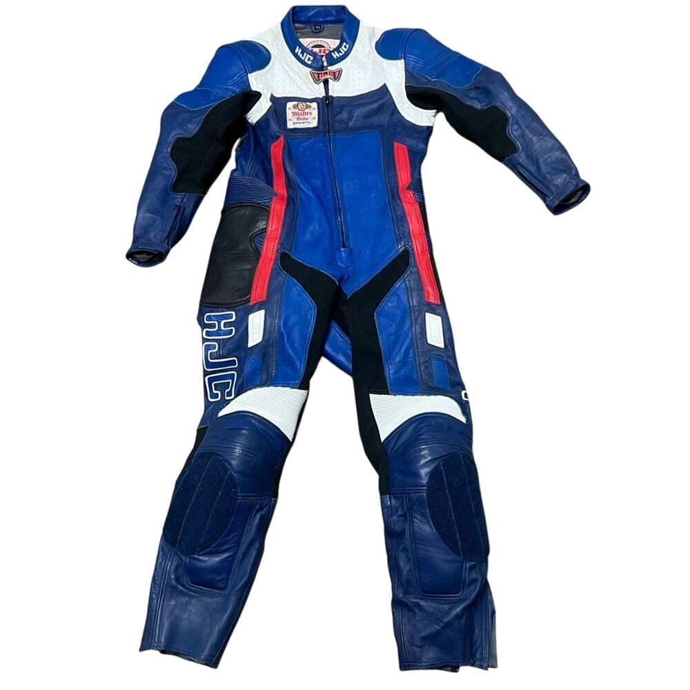 HJC Motorcycle Leather Racing Suit Black/White/Blue PADDED Size 42 EXCELLENT